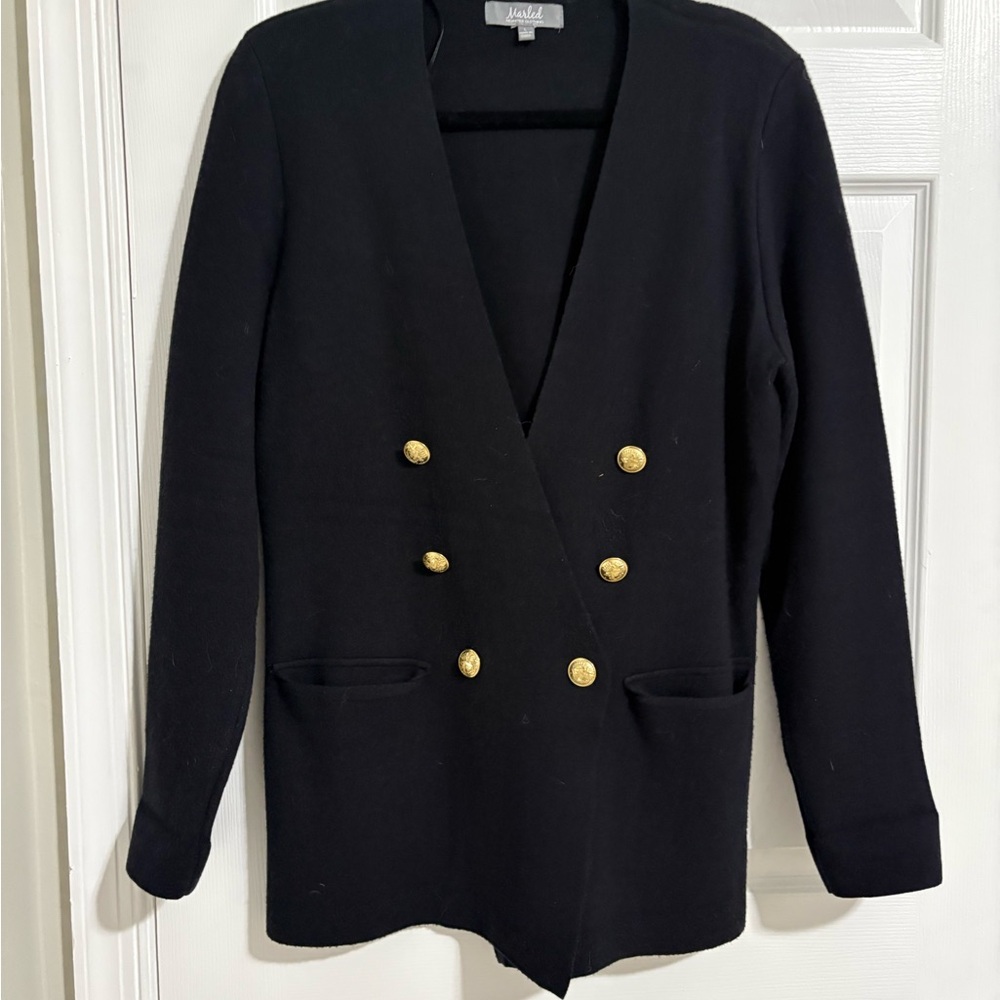 Marled Black Double-Breasted Blazer with V-Neck Lapel